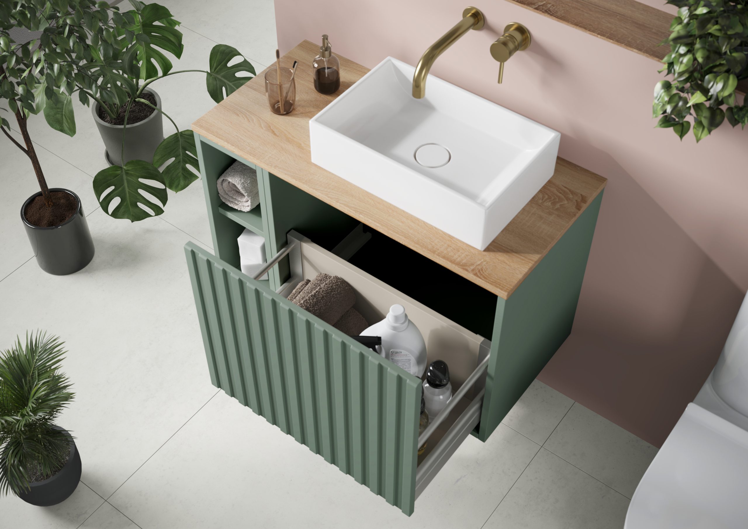 Scudo Alfie 600 Cabinet with Fluted Door Reed Green and Side Storage and Oak Work Top