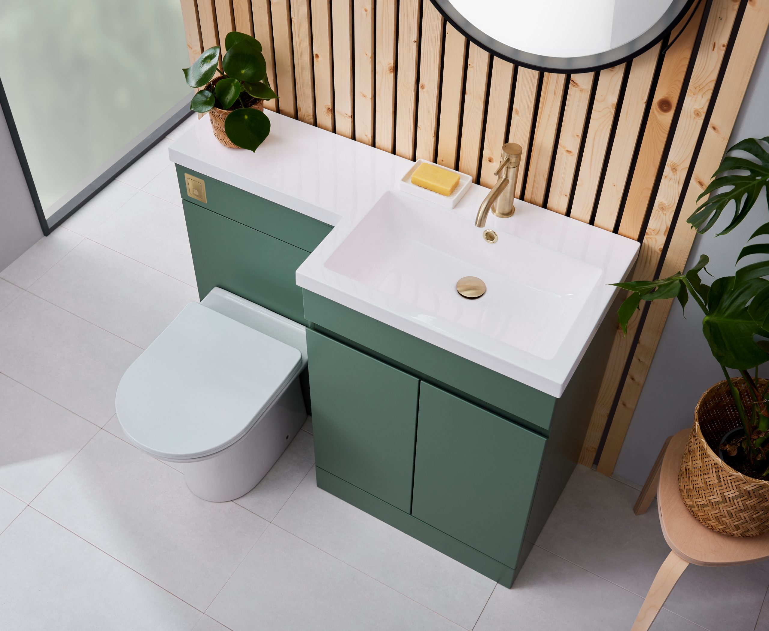 Scudo Empire 1100mm Furniture Pack Matte Sage Green with Core Brush Brass Taps